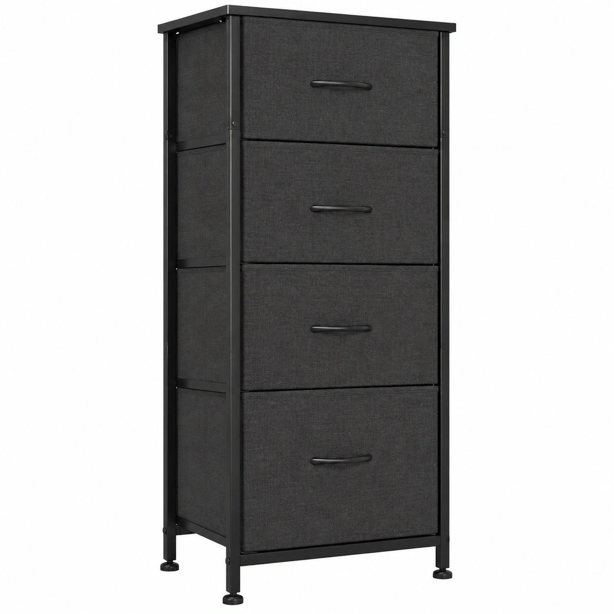 Schmale CAIYUN Kommode mit 4 Stoffschubladen, Metallrahmen und Holzoberfläche, ideal für Schlafzimmer, Flur oder Kinderzimmer, Schwarz
