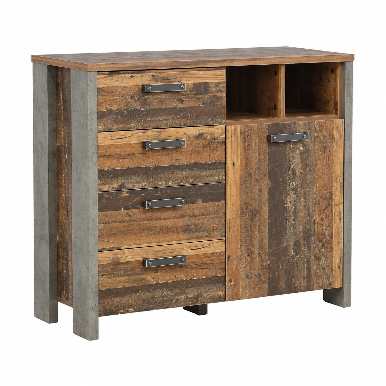 FORTE Clif Kommode mit 1 Tür und 4 Schubladen, Holzwerkstoff, Vintage-Holzoptik, Dunkelgrau