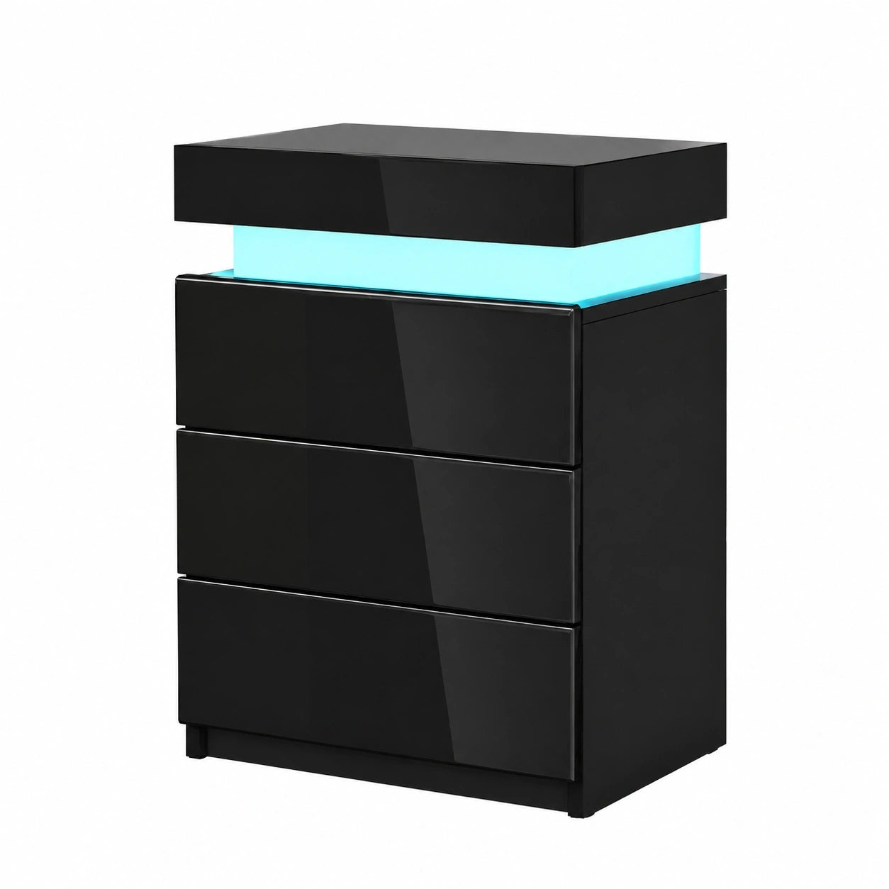 Schwarzer Nachttisch mit Hochglanz, 3 Schubladen und RGB LED-Beleuchtung, 16 Farben, 45x35x67cm