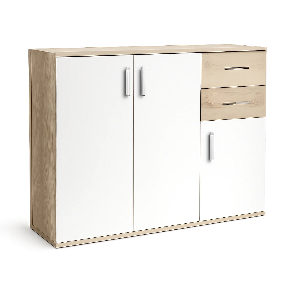 Moderne 3-türige Kommode mit 2 Schubladen, Weiß und Sonoma Eiche Dekor, für Wohnzimmer oder Schlafzimmer