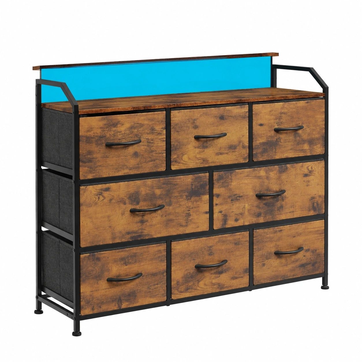 WLIVE Schrank mit LED-Licht und Ladefunktion, 8 große Stoffschubladen, Holzoberfläche und robustes Stahlrahmen für Wohn- und Schlafzimmer, vintage Braun