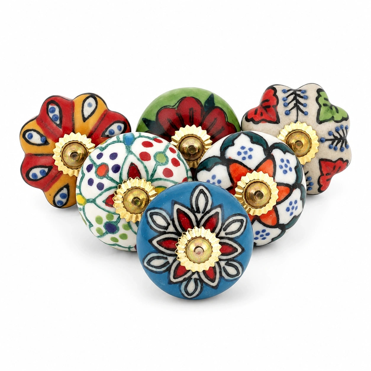 Vintage Keramik Möbelknöpfe im Boho-Stil - Türriegel, Messing, Set aus 6