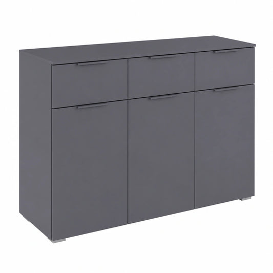 Rauch Möbel Alabama Kommode, 3-türig mit Schubladen, Soft-Close, Grau Metallic/Schwarz, 120x81x42cm