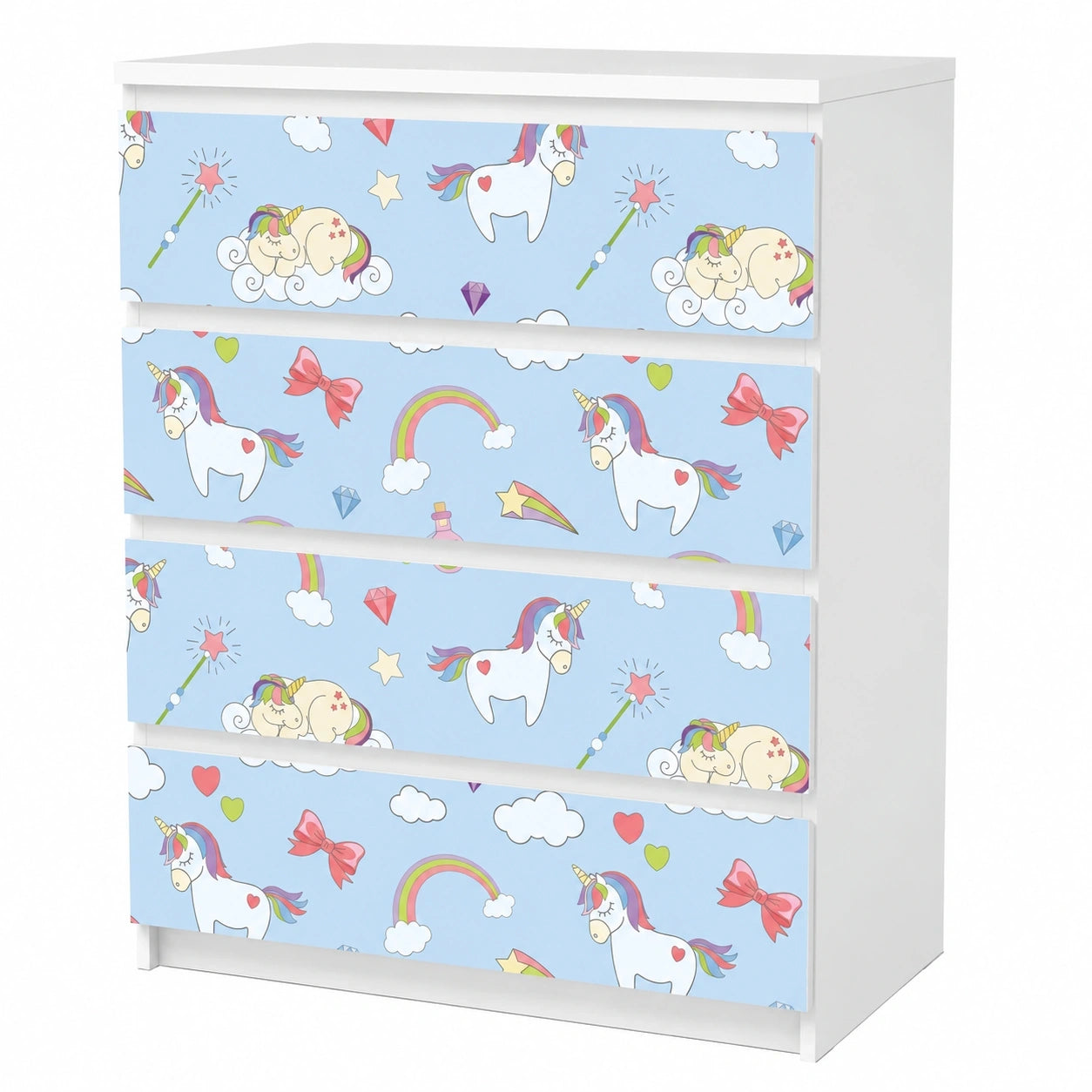Kinder Möbeltattoo für IKEA Malm Kommode 4 Schubladen - Regenbogen Einhorn Design