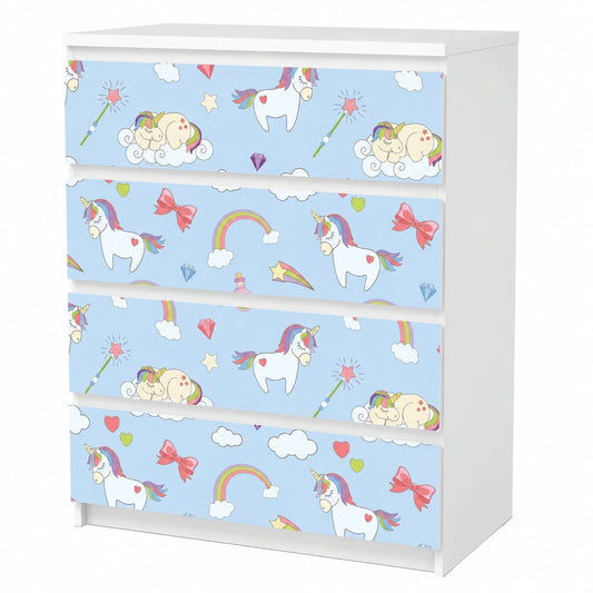 Kinder Möbeltattoo für IKEA Malm Kommode 4 Schubladen - Regenbogen Einhorn Design