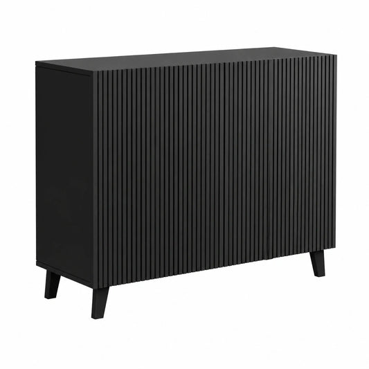 Bellamio Tana Kommode Schwarz – Modernes Sideboard für Wohnzimmer – TV-Schrank mit 8 Fächern und geriffelter Front – Stilvoller Wohnzimmerschrank aus Holz