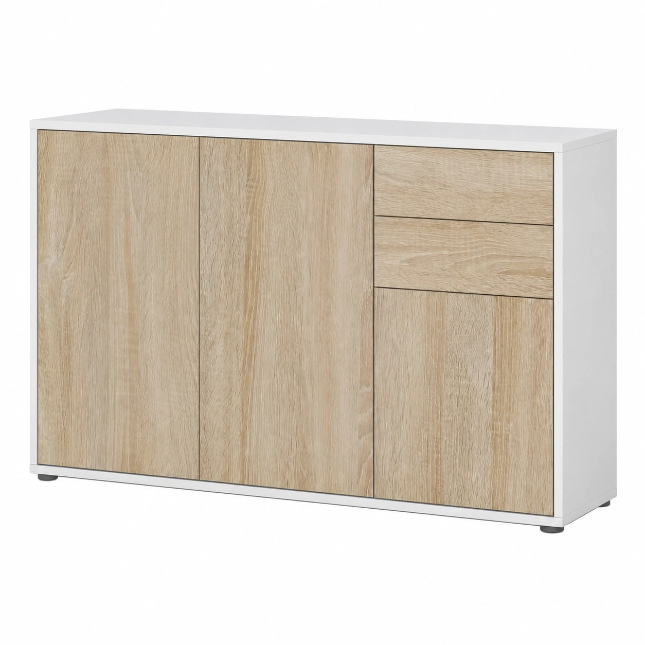 Moderne Sideboard Ben V3 mit Türen und Schubladen, Weiß/Eiche Optik, 117x74x36 cm