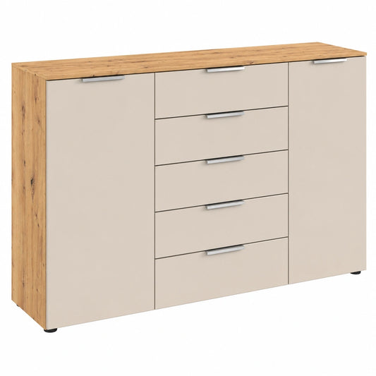 Rauch Möbel Kommode mit 2 Türen und 5 Schubladen, Softclose, Eiche Artisan, Holz/Glas Beige, Breite 180 cm, ideal für jeden Raum
