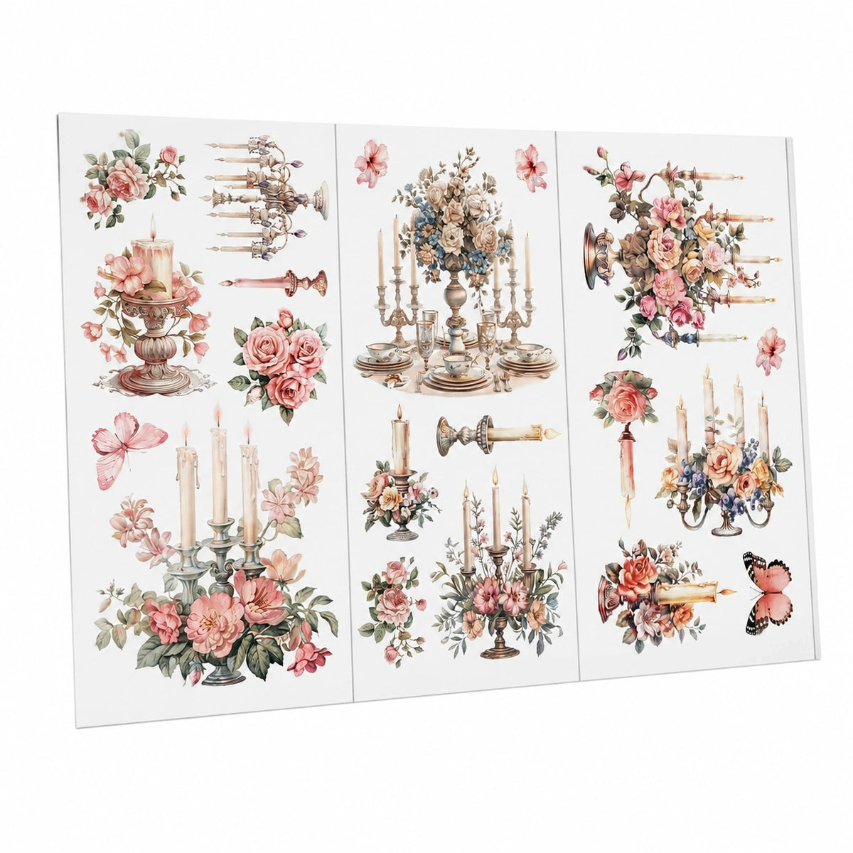 xenlario Vintage Blumen und Kerzen UV-DTF Transferfolie 15x30cm, 3er Set wasserfeste Sticker für Möbel und Glas
