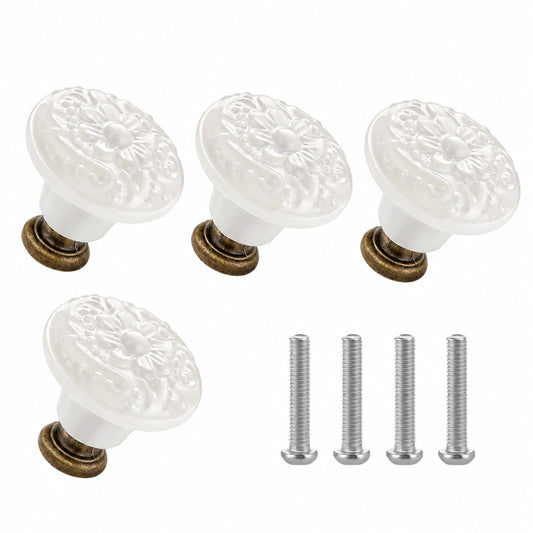 Vintage Möbelknöpfe Set - 4er Pack mit Blumendesign, inklusive Schrauben, Weiß für Schränke und Kommoden
