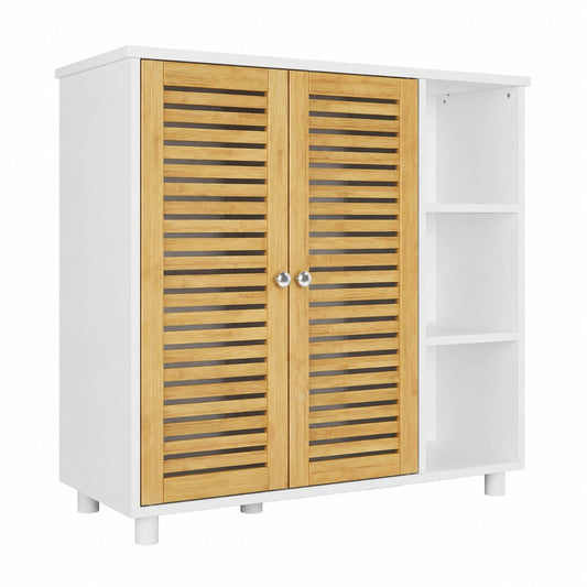 Bambus Badezimmerschrank mit Doppeltüren, 3 offene Ablagefächer, freistehender Schrank für Badezimmer, Wohnzimmer und Küche, 77 x 30 x 80 cm