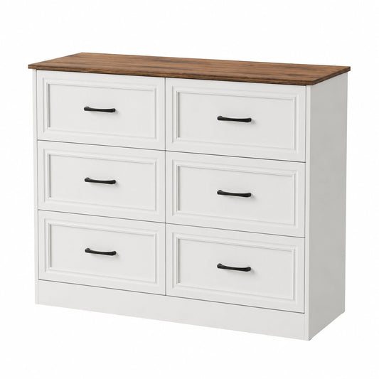 BonVache Holzkommode mit Steckdosen und 6 Schubladen, 2 USB & 2 AC-Anschlüsse, ideal für Schlafzimmer, Wohnzimmer, Flur, Braun-Weiß, 106x81,5x39 cm