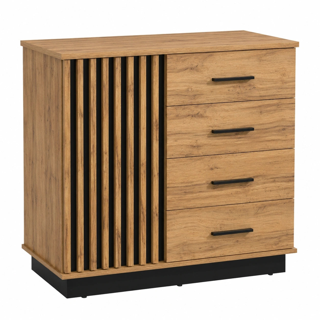 MINIO Kommode Lamia mit Schubladen und Türen, 90cm Sideboard für Wohnzimmer und Schlafzimmer, Farbe Wotan Eiche/Schwarz Matt