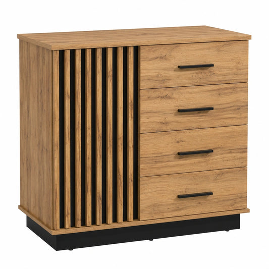 MINIO Kommode Lamia mit Schubladen und Türen, 90cm Sideboard für Wohnzimmer und Schlafzimmer, Farbe Wotan Eiche/Schwarz Matt