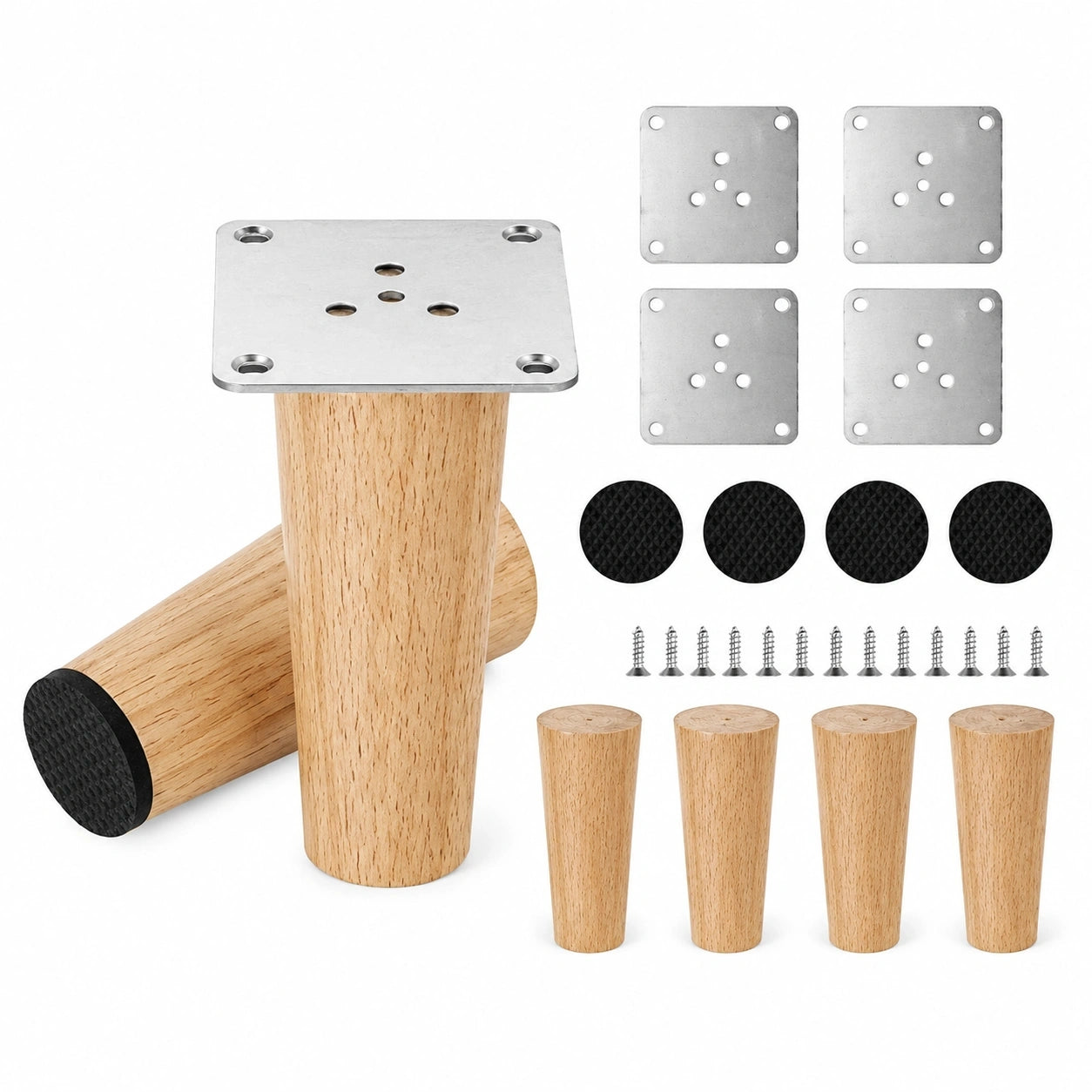 4er Set Möbelfüße aus Holz, 8cm Massivholz Beine für Sofa und Tisch, Anti-Rutsch Pads, Schrauben und Montageplatte, passend für Stuhl, Schrank, Bett, Kommode