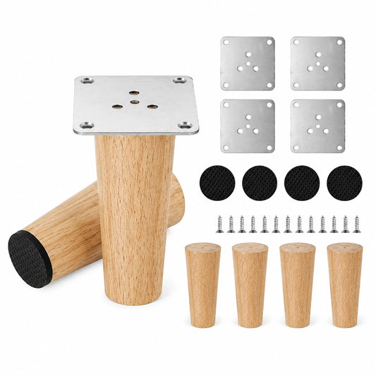 4er Set Möbelfüße aus Holz, 8cm Massivholz Beine für Sofa und Tisch, Anti-Rutsch Pads, Schrauben und Montageplatte, passend für Stuhl, Schrank, Bett, Kommode