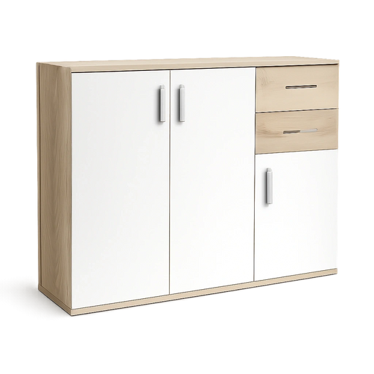 Moderne 3-türige Kommode mit 2 Schubladen, Weiß und Sonoma Eiche Dekor, für Wohnzimmer oder Schlafzimmer