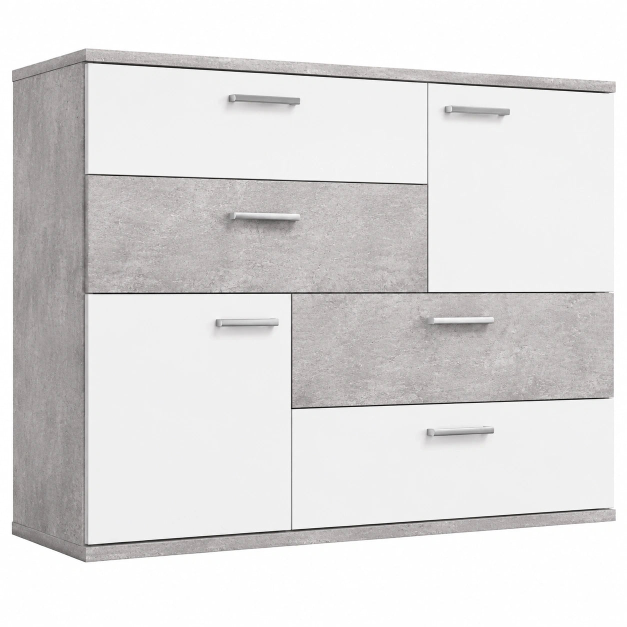 FORTE Skive Kommode, Betonoptik, Lichtgrau/Weiß, 2 Türen, 4 Schubladen, Holzwerkstoff, 125x41x96 cm