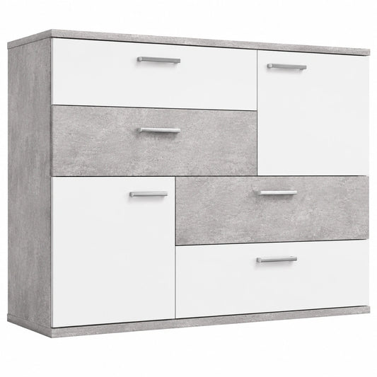 FORTE Skive Kommode, Betonoptik, Lichtgrau/Weiß, 2 Türen, 4 Schubladen, Holzwerkstoff, 125x41x96 cm