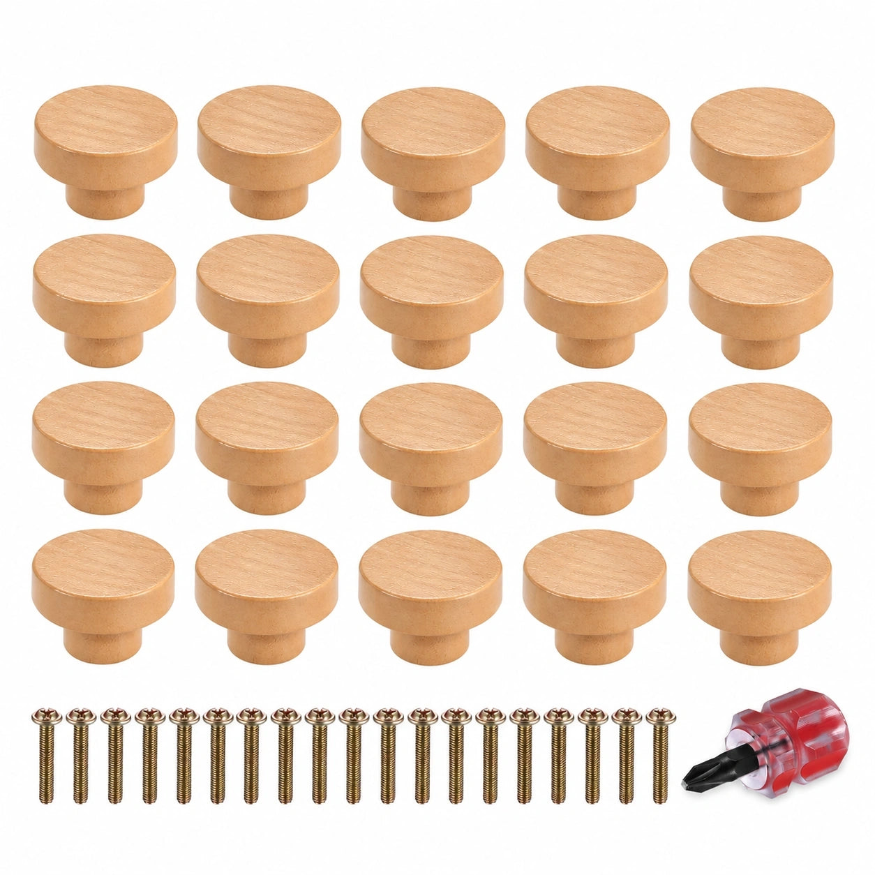 Holz Möbelknöpfe Set 20-teilig, Schrank- und Schubladengriffe, inkl. Schrauben, 35 mm
