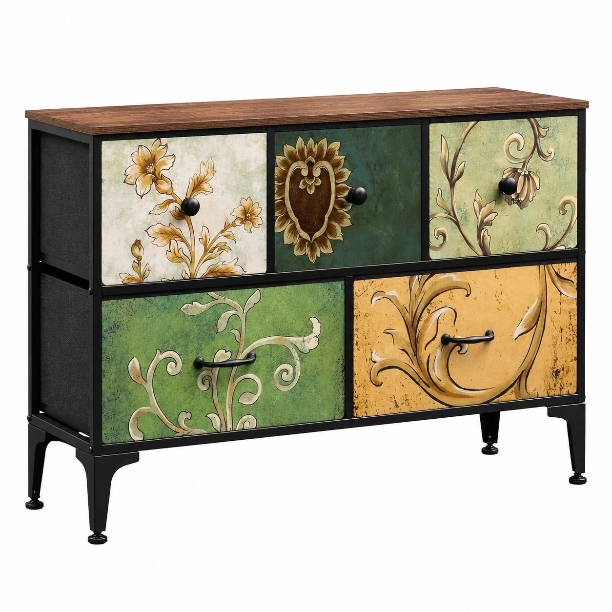 WLIVE Stoffkommode mit 5 Schubladen, stabiler Stahlrahmen, für Schlafzimmer & Wohnzimmer, Boho-Stil
