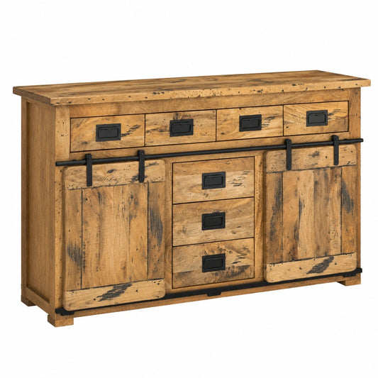 MR. DEKO Vintage Mango Holz Kommode Florenz mit Schubladen und Schiebetür, Shabby-Chic Sideboard, Stauraum für Wohnzimmer & Flur, 150x45x90cm