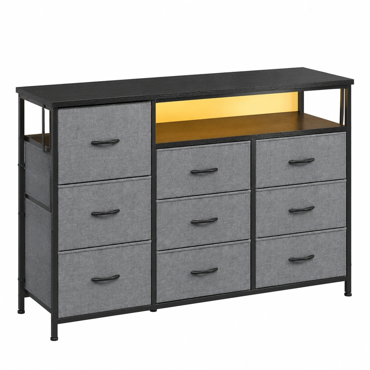Schwarzer Schubladenschrank mit 9 Stoffschubladen, LED-Lichteffekte und USB-Anschlüsse, für Schlafzimmer und Wohnzimmer
