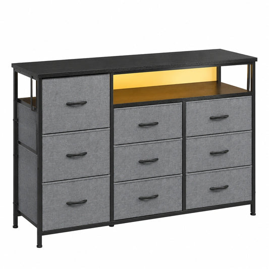 Schwarzer Schubladenschrank mit 9 Stoffschubladen, LED-Lichteffekte und USB-Anschlüsse, für Schlafzimmer und Wohnzimmer